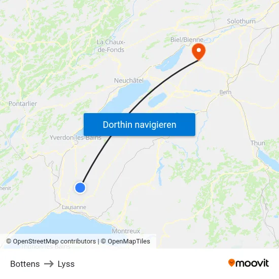 Bottens to Lyss map