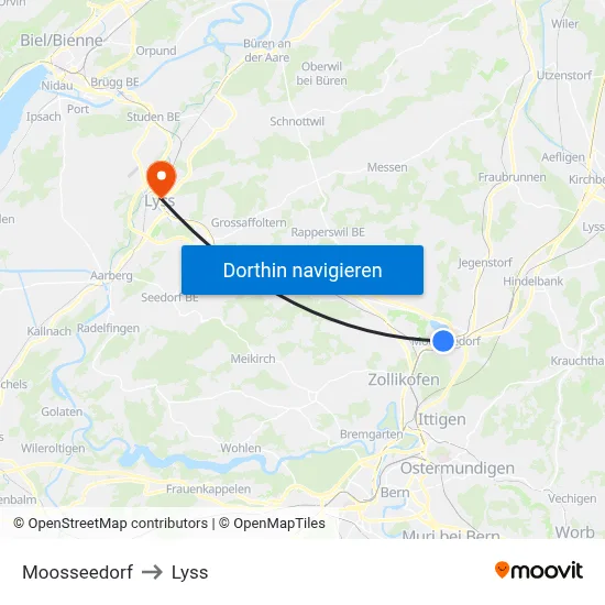 Moosseedorf to Lyss map