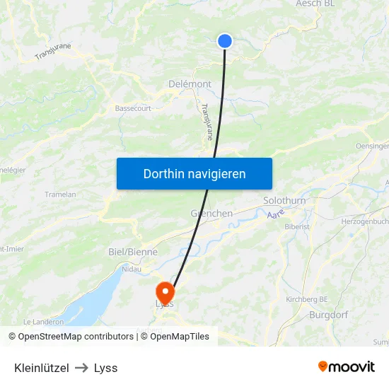 Kleinlützel to Lyss map
