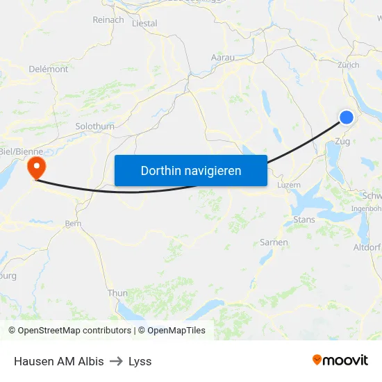 Hausen AM Albis to Lyss map
