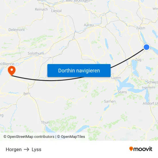 Horgen to Lyss map