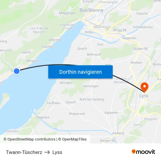 Twann-Tüscherz to Lyss map