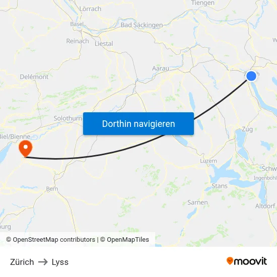 Zürich to Lyss map