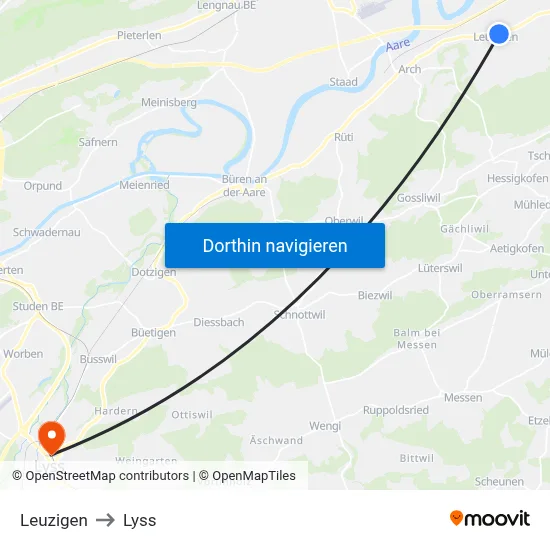 Leuzigen to Lyss map