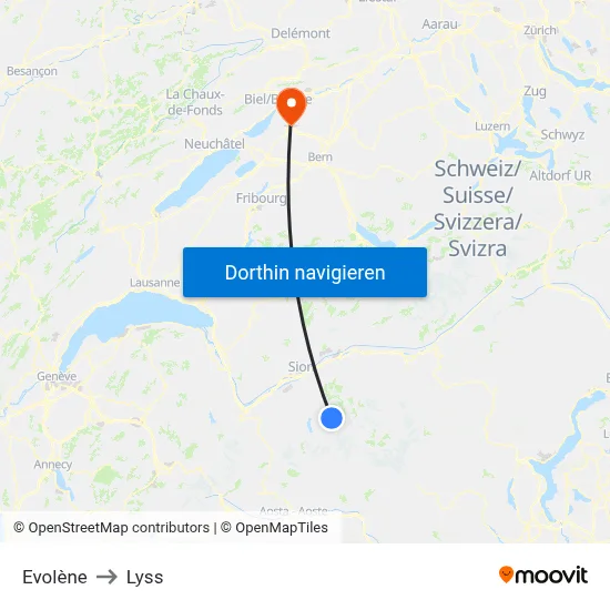 Evolène to Lyss map