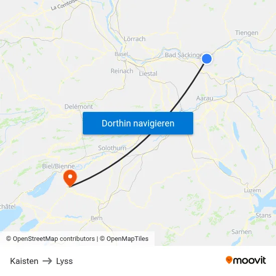 Kaisten to Lyss map