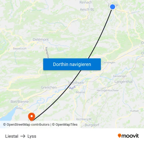 Liestal to Lyss map