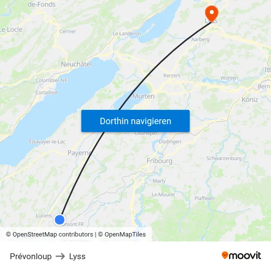 Prévonloup to Lyss map