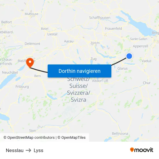 Nesslau to Lyss map