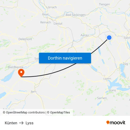 Künten to Lyss map