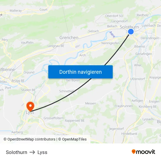 Solothurn to Lyss map