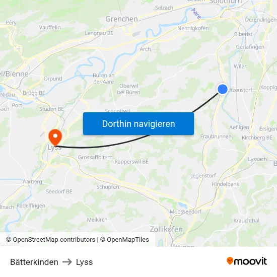 Bätterkinden to Lyss map