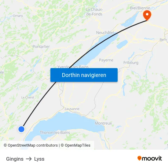Gingins to Lyss map