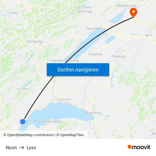Nyon to Lyss map