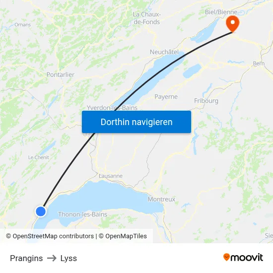 Prangins to Lyss map