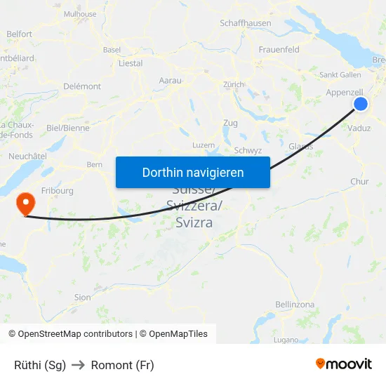 Rüthi (Sg) to Romont (Fr) map
