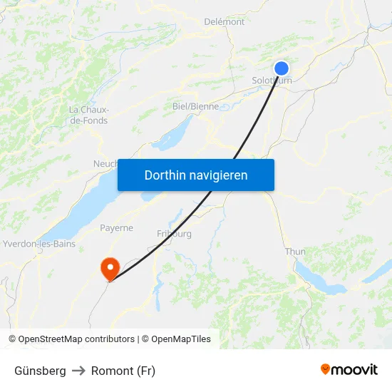 Günsberg to Romont (Fr) map