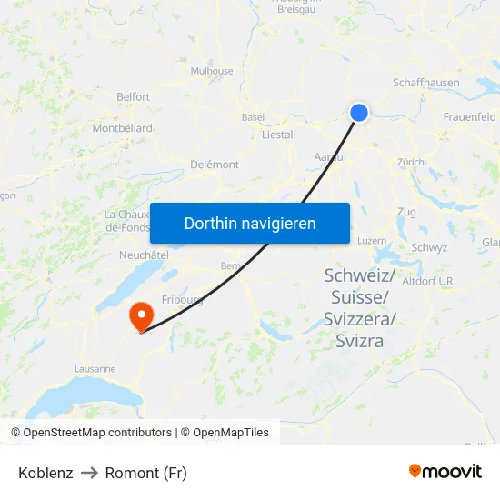 Koblenz to Romont (Fr) map