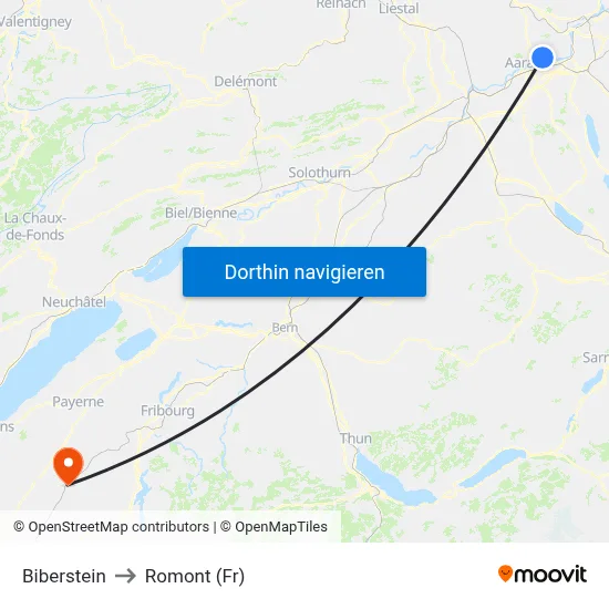 Biberstein to Romont (Fr) map