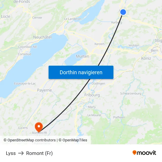 Lyss to Romont (Fr) map