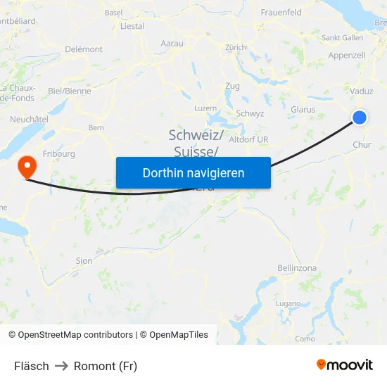 Fläsch to Romont (Fr) map