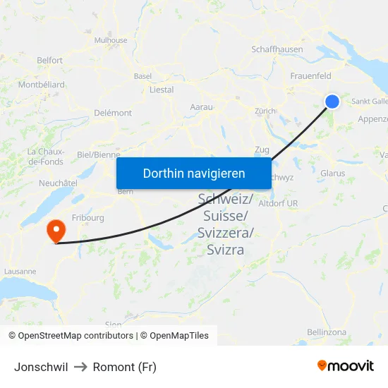 Jonschwil to Romont (Fr) map
