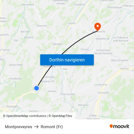 Montpreveyres to Romont (Fr) map