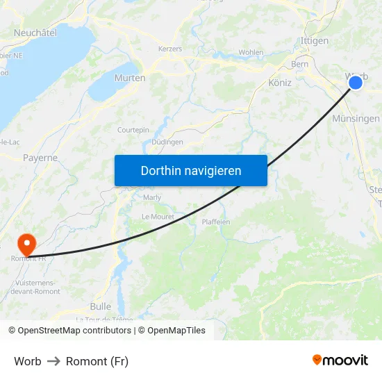 Worb to Romont (Fr) map