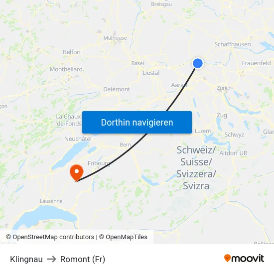 Klingnau to Romont (Fr) map