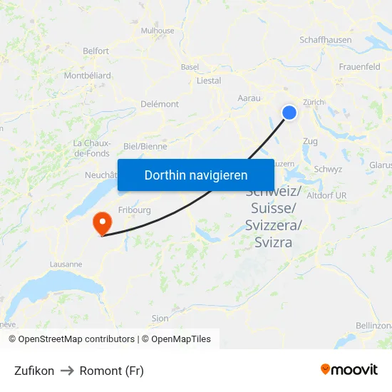 Zufikon to Romont (Fr) map