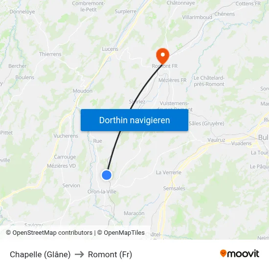 Chapelle (Glâne) to Romont (Fr) map