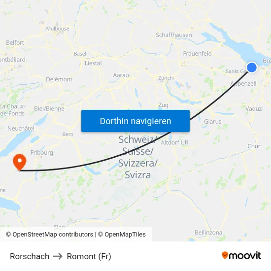 Rorschach to Romont (Fr) map