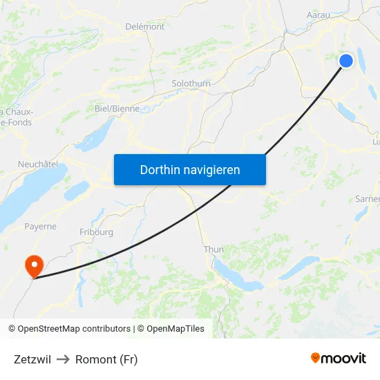 Zetzwil to Romont (Fr) map