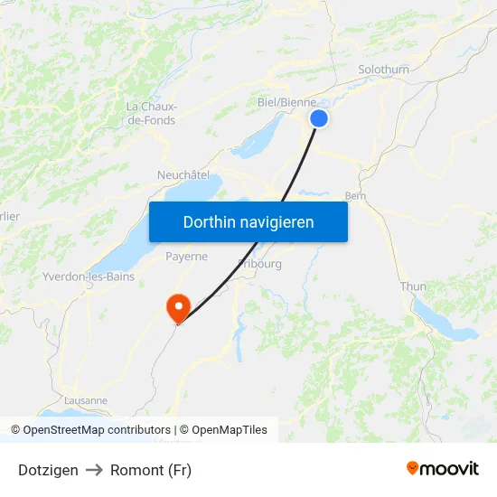 Dotzigen to Romont (Fr) map