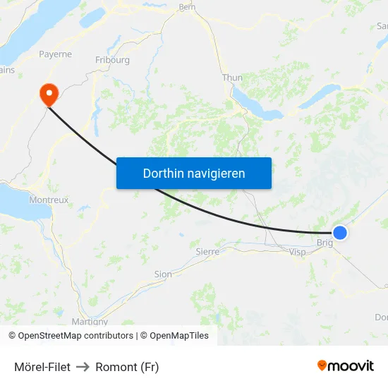 Mörel-Filet to Romont (Fr) map