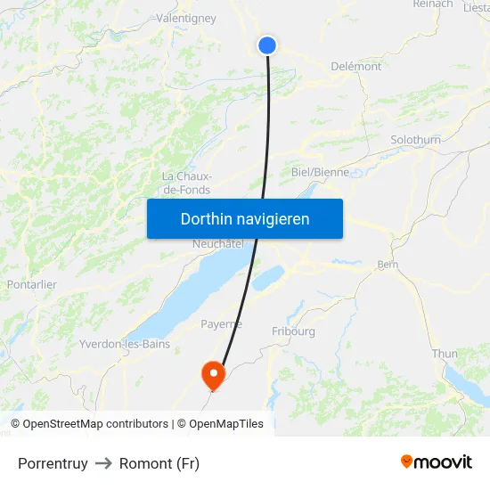 Porrentruy to Romont (Fr) map