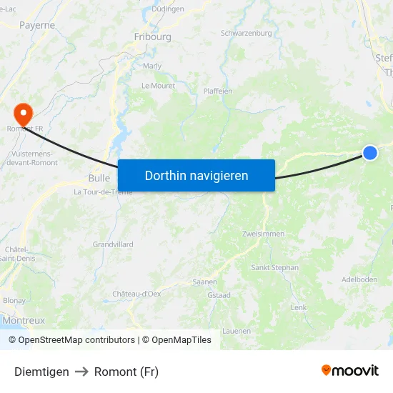 Diemtigen to Romont (Fr) map