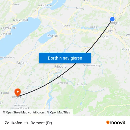 Zollikofen to Romont (Fr) map