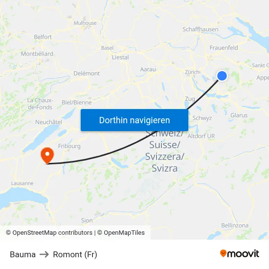 Bauma to Romont (Fr) map