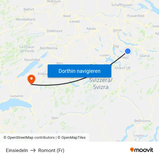 Einsiedeln to Romont (Fr) map
