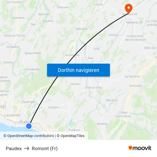 Paudex to Romont (Fr) map