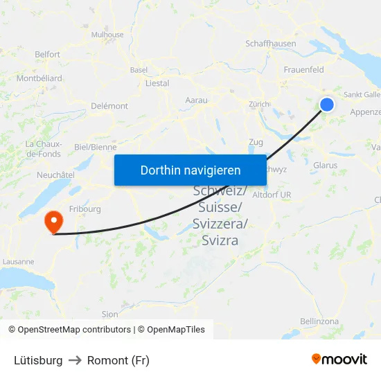 Lütisburg to Romont (Fr) map