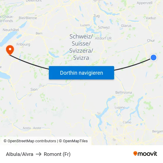 Albula/Alvra to Romont (Fr) map