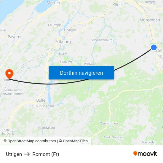 Uttigen to Romont (Fr) map