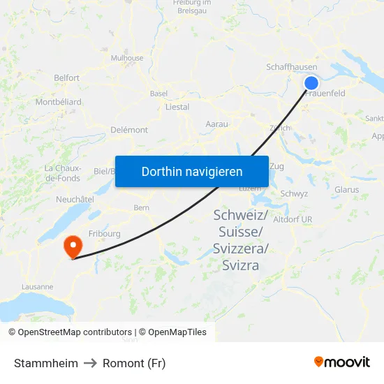 Stammheim to Romont (Fr) map