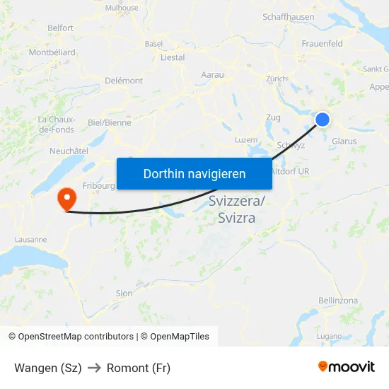 Wangen (Sz) to Romont (Fr) map