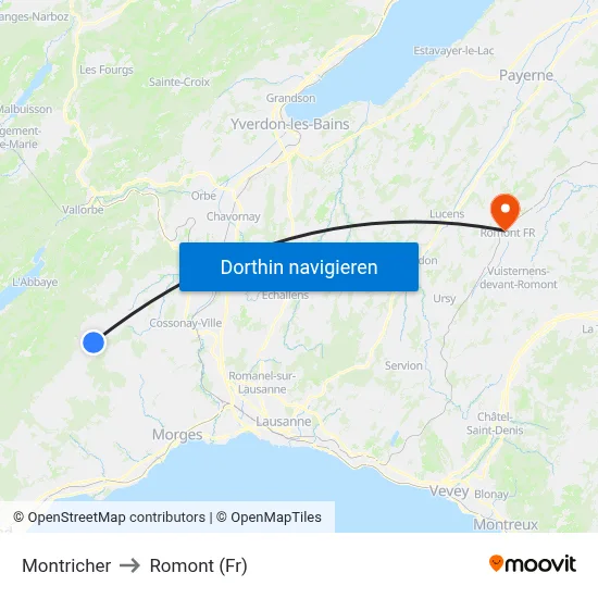 Montricher to Romont (Fr) map