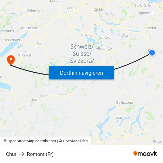 Chur to Romont (Fr) map