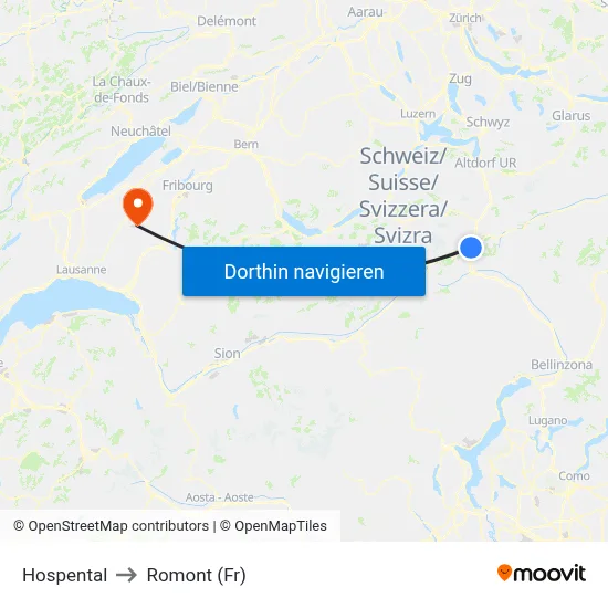 Hospental to Romont (Fr) map