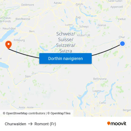 Churwalden to Romont (Fr) map